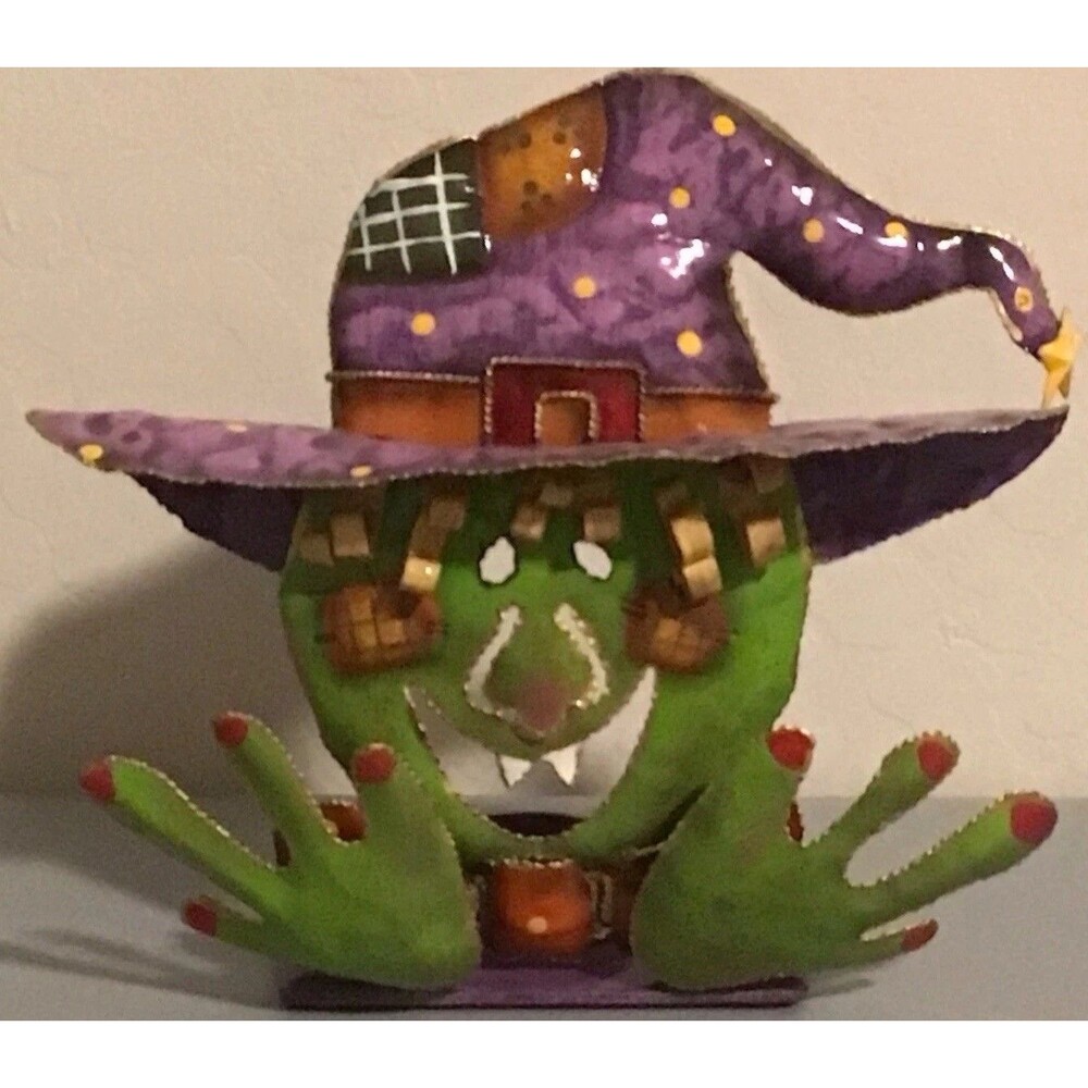 Vintage Metal Witch Tea Light Votive Candle Holder Halloween Decor Glossy 7” NEW